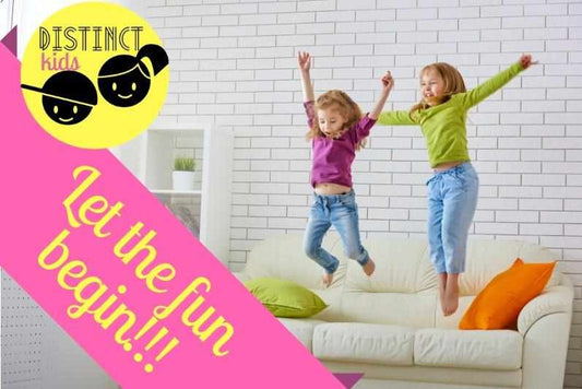Distinct Kids Let the Fund begins image with two girls jumping on a sofa