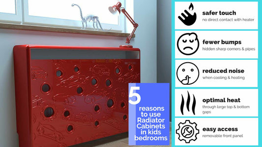 Distinct Kids Radiator Cover Cars design in Berry Red with 5 reasons why use it in Kids Bedroom
