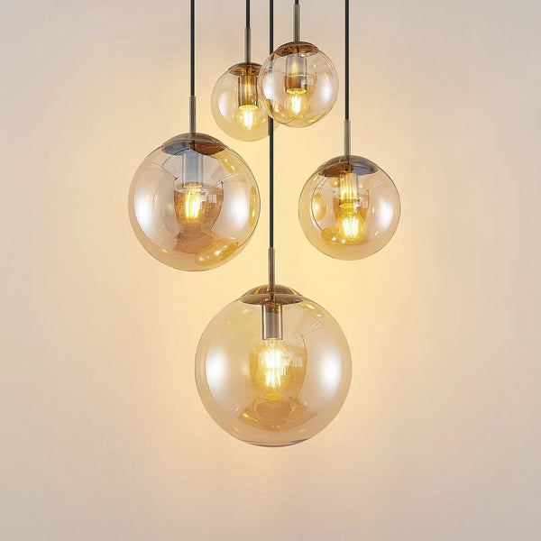 Glass Chandelier Style Pendant Ceiling 5-Lights Glass Ball Lamp in Amber or Silver-Distinct Designs (London) Ltd