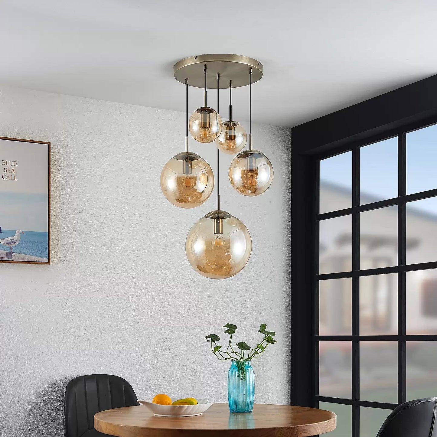 Glass Chandelier Style Pendant Ceiling 5-Lights Glass Ball Lamp in Amber or Silver-Distinct Designs (London) Ltd