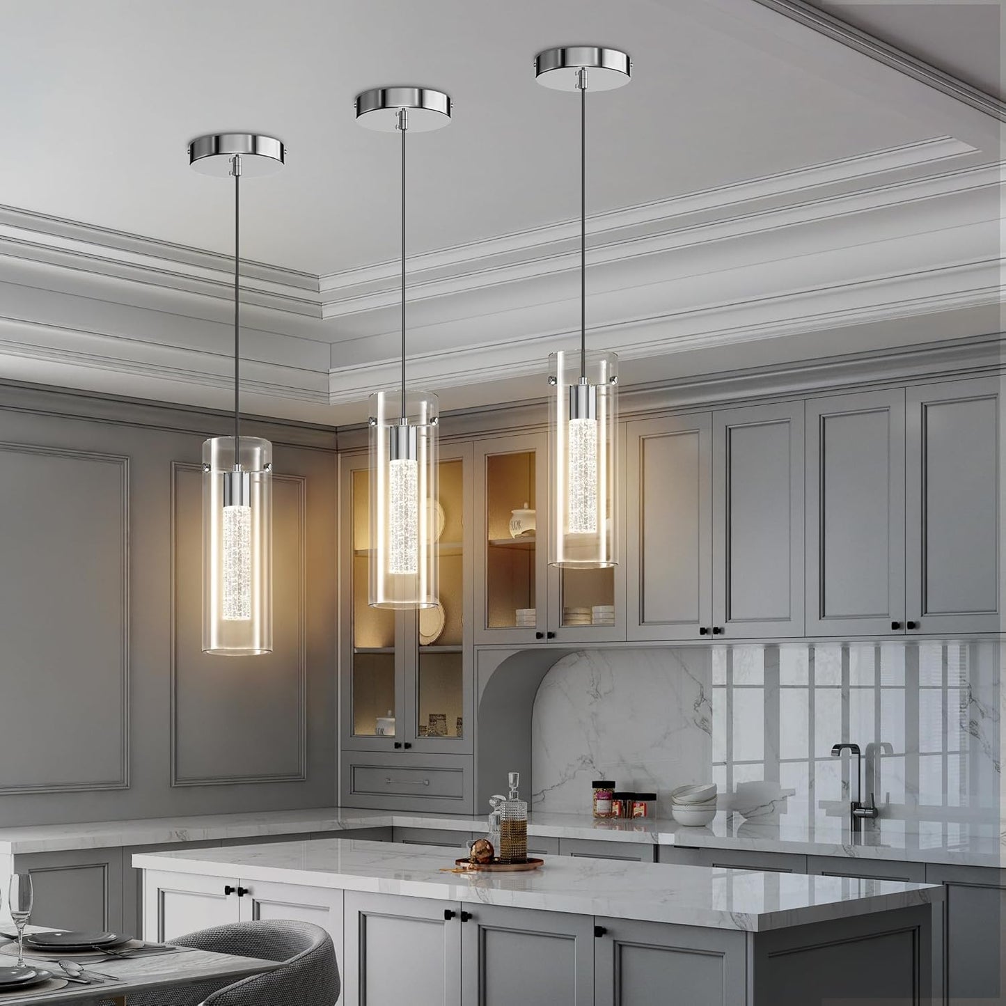 Modern Crystal Cylinder Glass Pendant LED Light Hanglamp with champagne bubbles frozen in ice Styling-Distinct Designs (London) Ltd