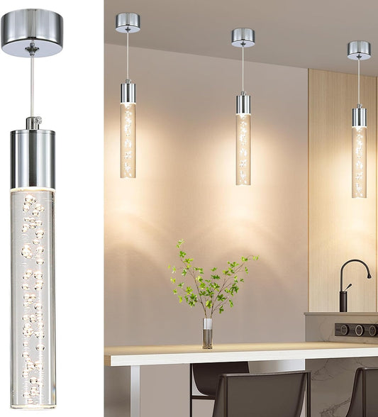 Modern Crystal Cylinder Glass Pendant LED Light Hanglamp with champagne bubbles frozen in ice style