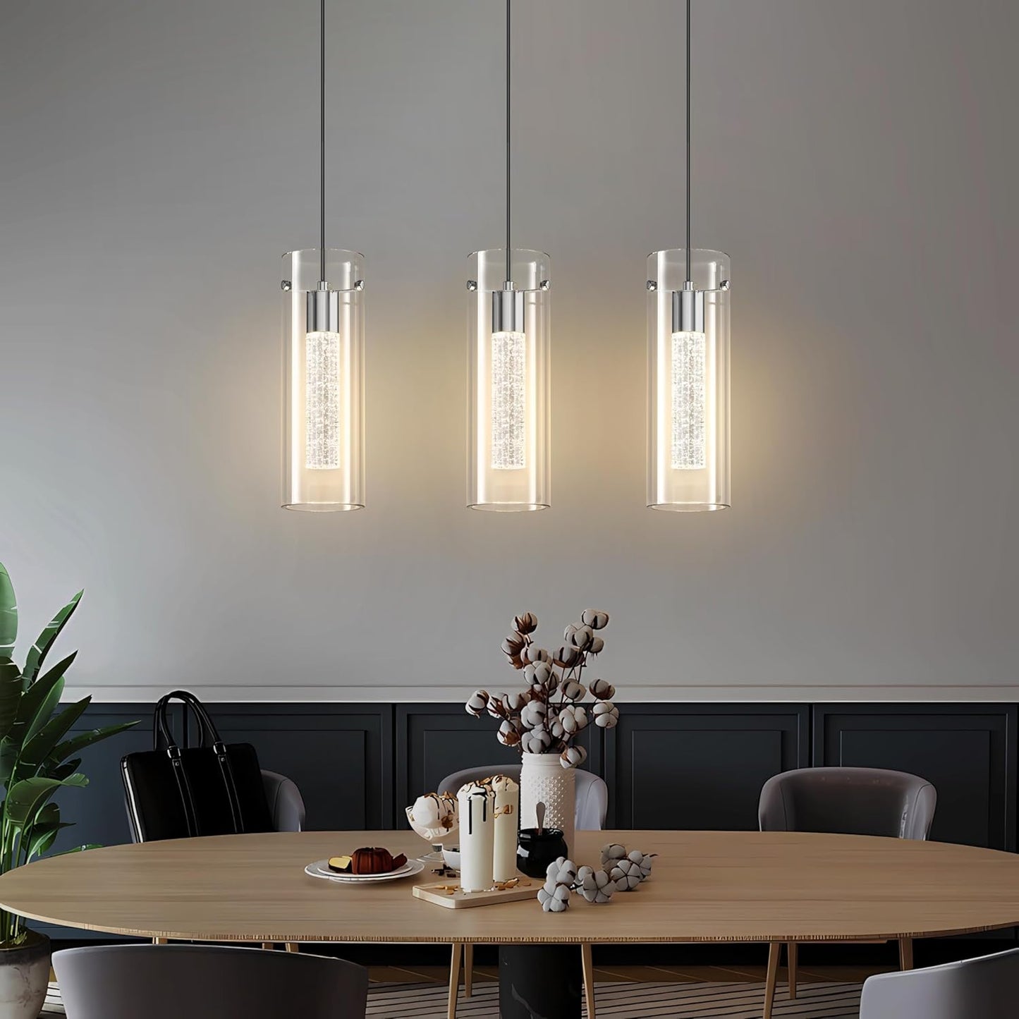 Modern Crystal Cylinder Glass Pendant LED Light Hanglamp with champagne bubbles frozen in ice Styling-Distinct Designs (London) Ltd