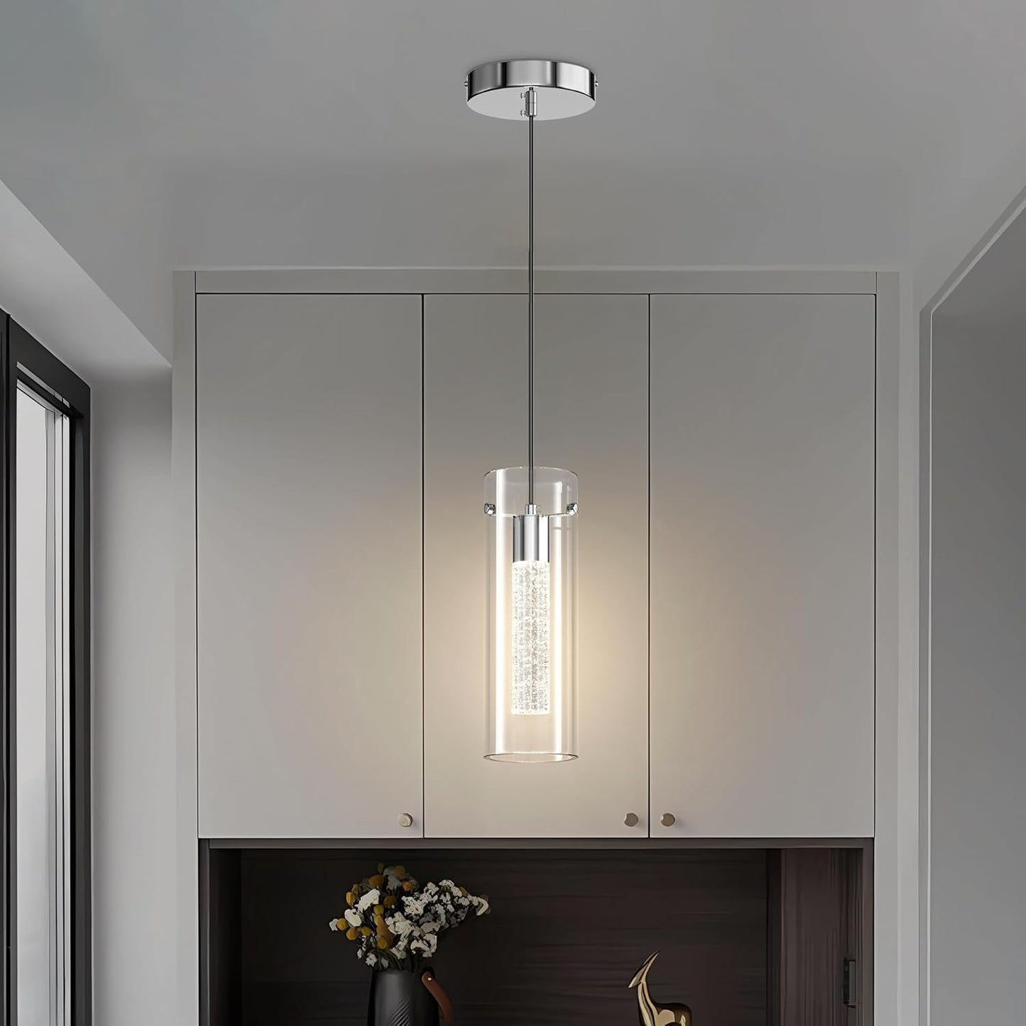 Modern Crystal Cylinder Glass Pendant LED Light Hanglamp with champagne bubbles frozen in ice Styling-Single Light-Distinct Designs (London) Ltd
