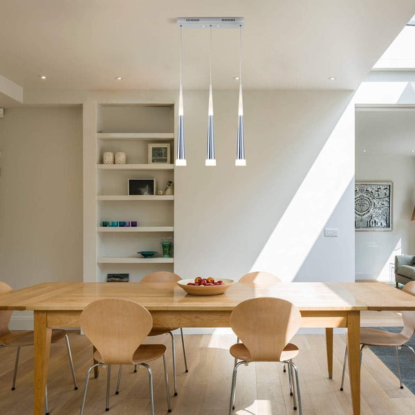 Modern Glass & Metal Pendant LED Light suspended ceiling 3 Hanglamps with slim 45cm long cone design-Distinct Designs (London) Ltd