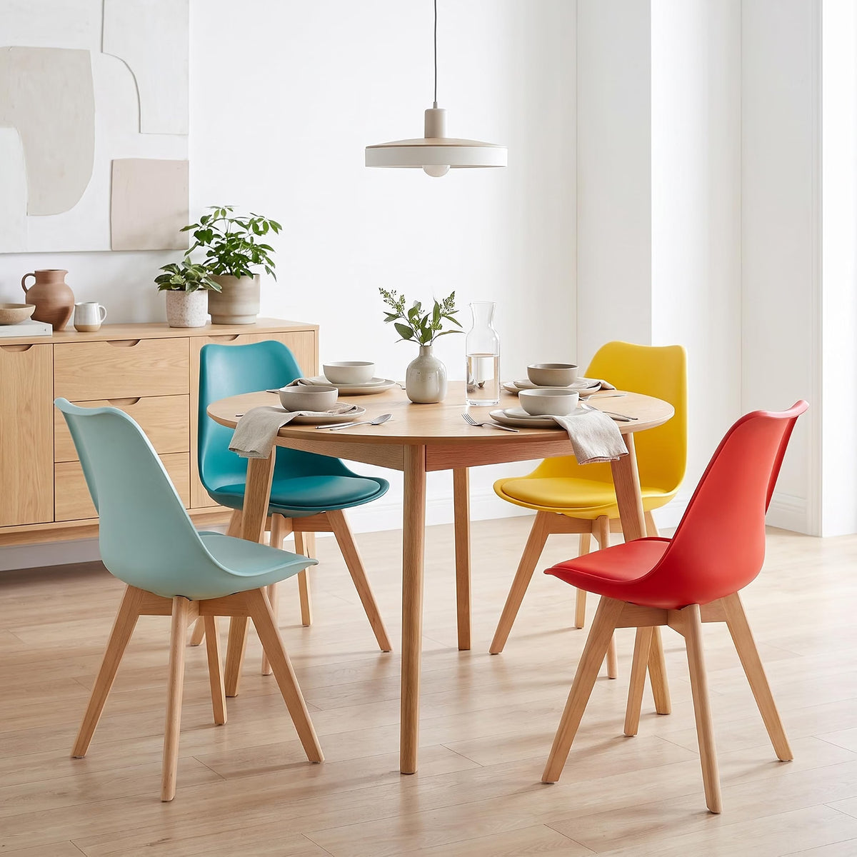 Retro Ergonomic Plastic Dining Chairs with Beech Wood Legs in Mint, Aqua, Yellow & Red