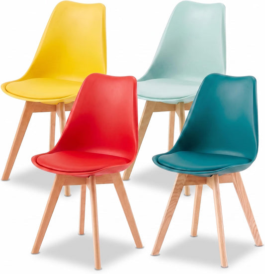 Retro Ergonomic Plastic Dining Chairs with Beech Wood Legs in Mint, Aqua, Yellow & Red