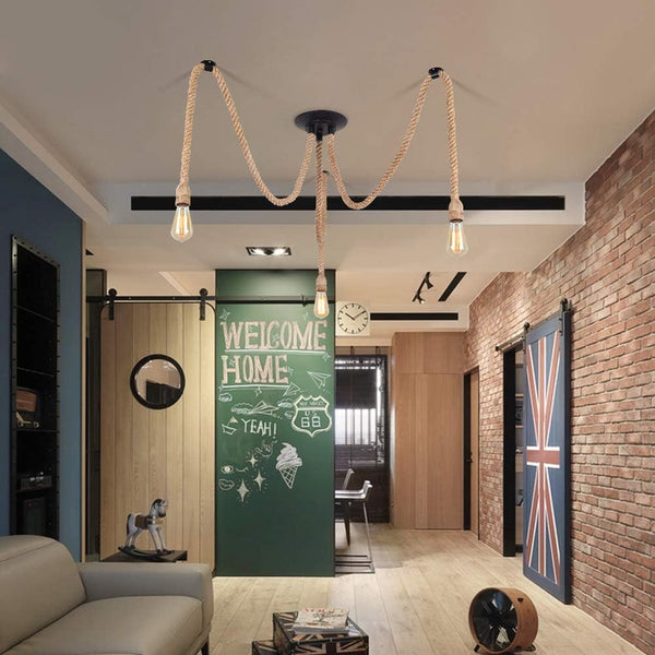 Rustic Hemp Rope Ceiling Light  3 or 5 Adjustable Lamps for Pub Bar, Industrial Nautical Home Decor