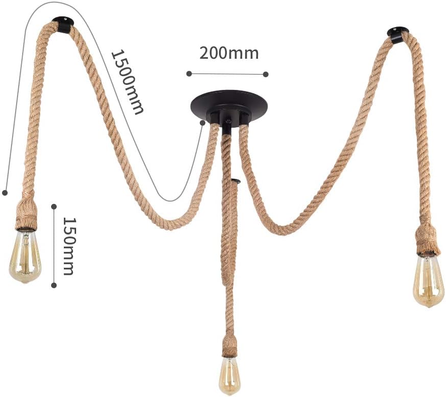 Rustic Hemp Rope Ceiling Light 3 or 5 Adjustable Lamps for Pub Bar, Industrial Nautical Home Decor