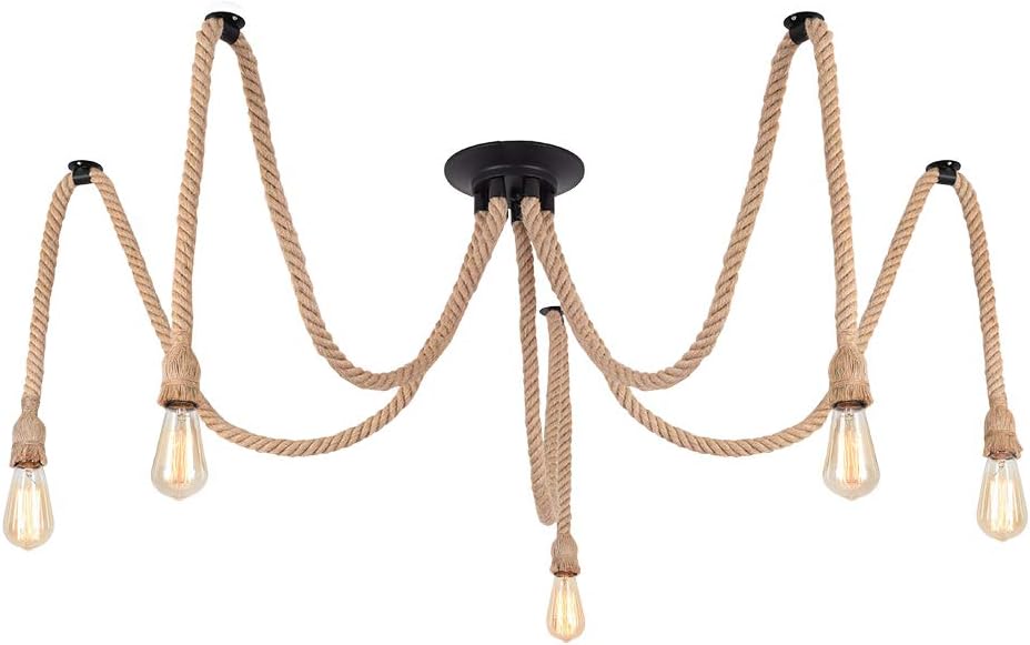 Rustic Hemp Rope Ceiling Light 3 or 5 Adjustable Lamps for Pub Bar, Industrial Nautical Home Decor