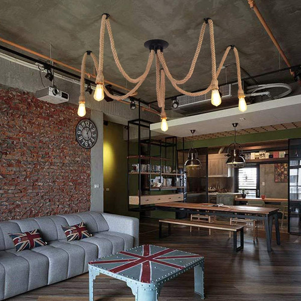 Rustic Hemp Rope Ceiling Light  3 or 5 Adjustable Lamps for Pub Bar, Industrial Nautical Home Decor