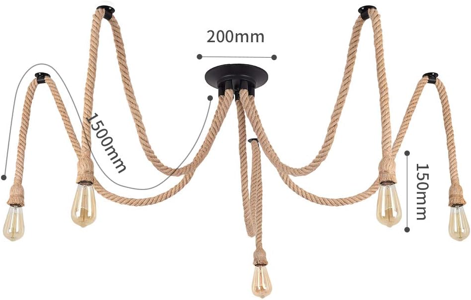 Rustic Hemp Rope Ceiling Light 3 or 5 Adjustable Lamps for Pub Bar, Industrial Nautical Home Decor