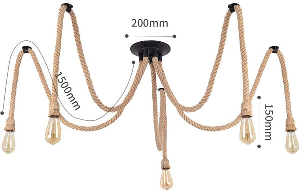 Rustic Hemp Rope Ceiling Light  3 or 5 Adjustable Lamps for Pub Bar, Industrial Nautical Home Decor