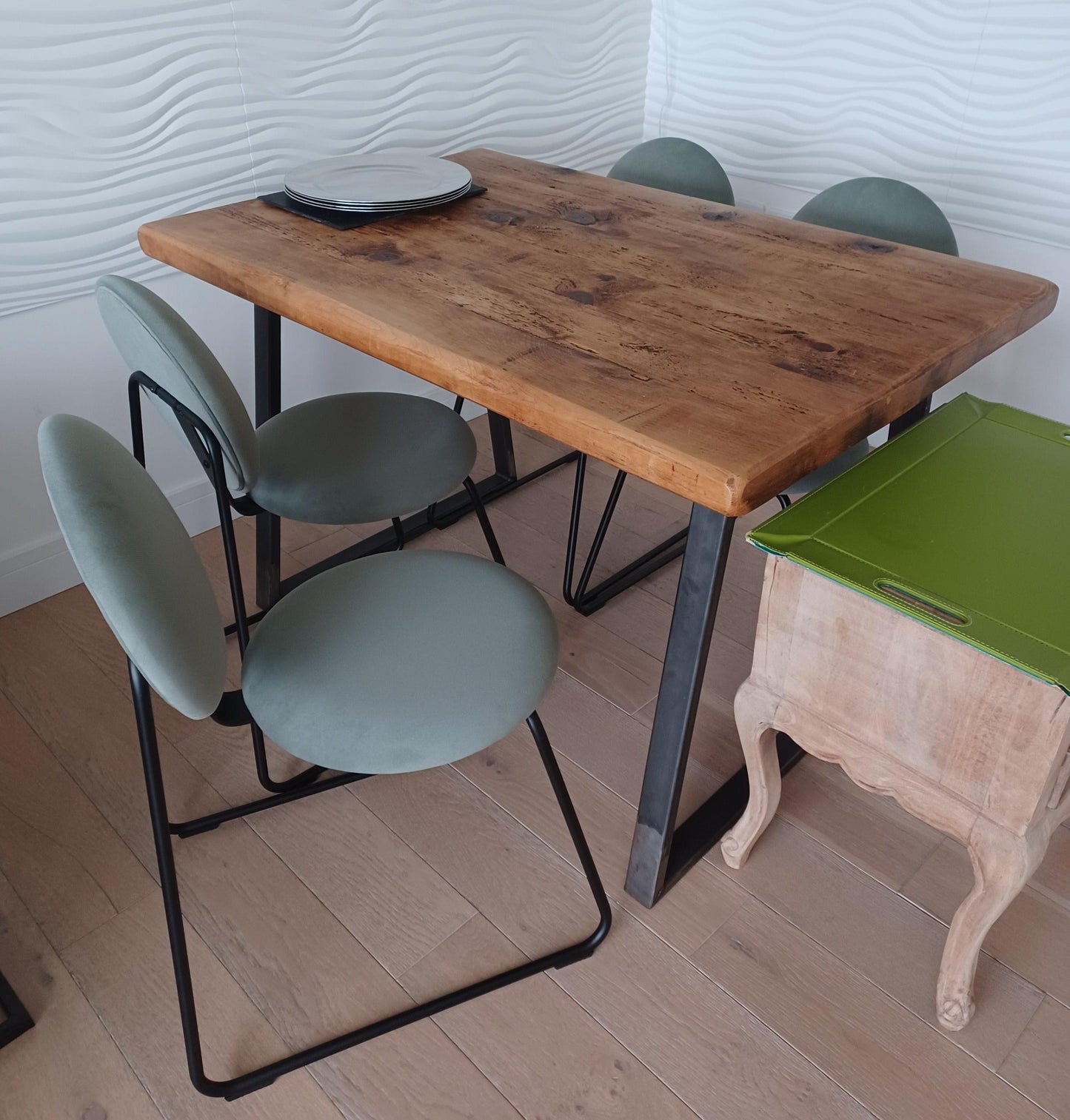 Dining Office Side Chair Round Fabric Sage Green Fabric Velvet Seat / backrest and black metal frame-Distinct Designs (London) Ltd