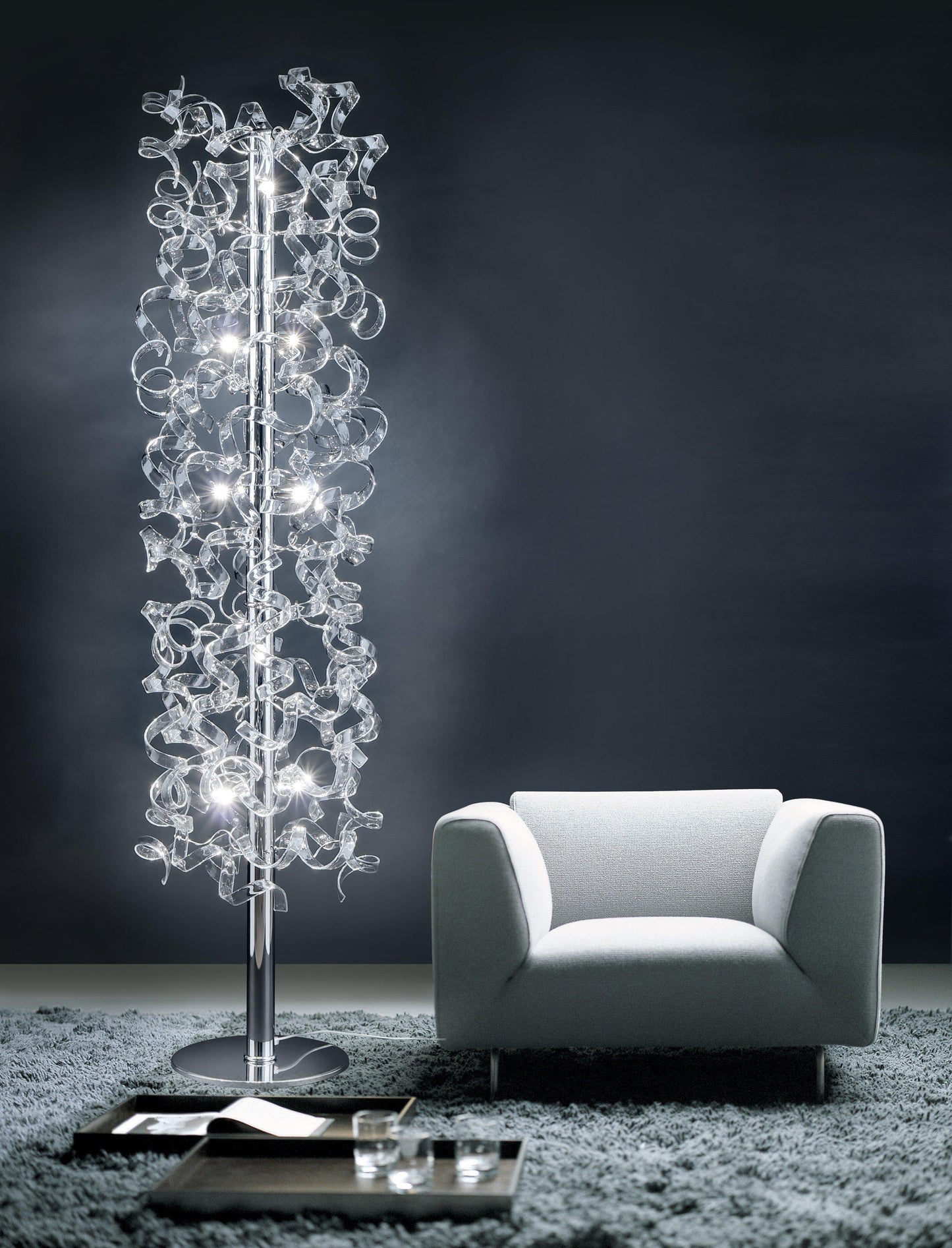 Abstract Glass Ribbon Circular Cylinder Shaped Floor Standing Light with 10 Lamps 40cm diameter-Chrome-Clear-Distinct Designs (London) Ltd