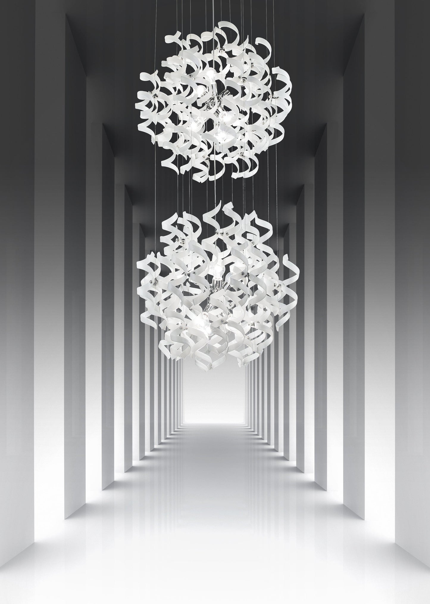 Abstract Glass Ribbon Ceiling Pendant TWO Circular Globes 70cm diameter 2 x 6 centre cluster Lamps-Chrome-White-Distinct Designs (London) Ltd