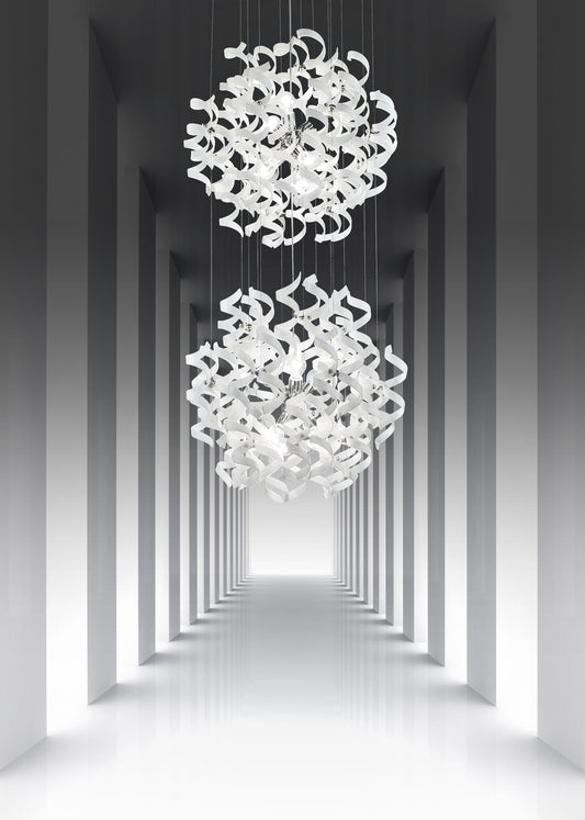 Abstract Glass Ribbon Ceiling Pendant TWO Circular Globes 70cm diameter 2 x 6 centre cluster Lamps-Chrome-White-Distinct Designs (London) Ltd