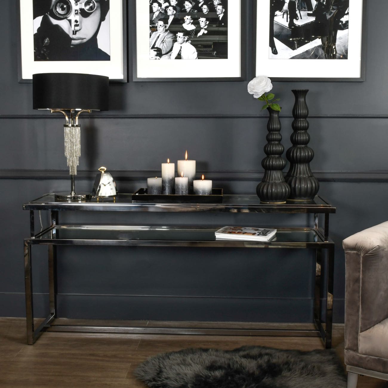 Blakemore Table Lamp Circular Black Shade Nickel Side Table Light 40cm diameter 64.5cm high E27 60W-Distinct Designs (London) Ltd