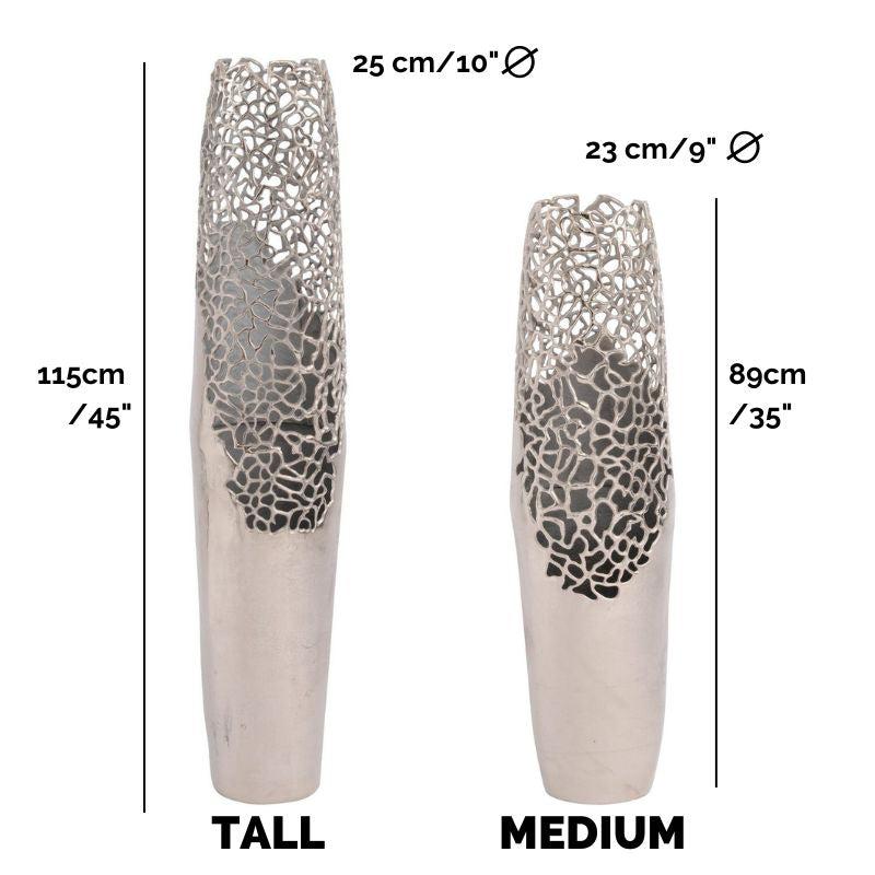 Blakemore Decorative Aluminium Silver TALL Vase with Nautical Coral Design detail 115Hx25cm diameter-115H x 25cm Diameter-Distinct Designs (London) Ltd
