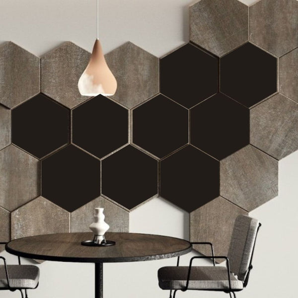 Decorative HEXAGONAL wall panels with varied thickness for textured 3D surface design, pack of 3-Black-Distinct Designs (London) Ltd
