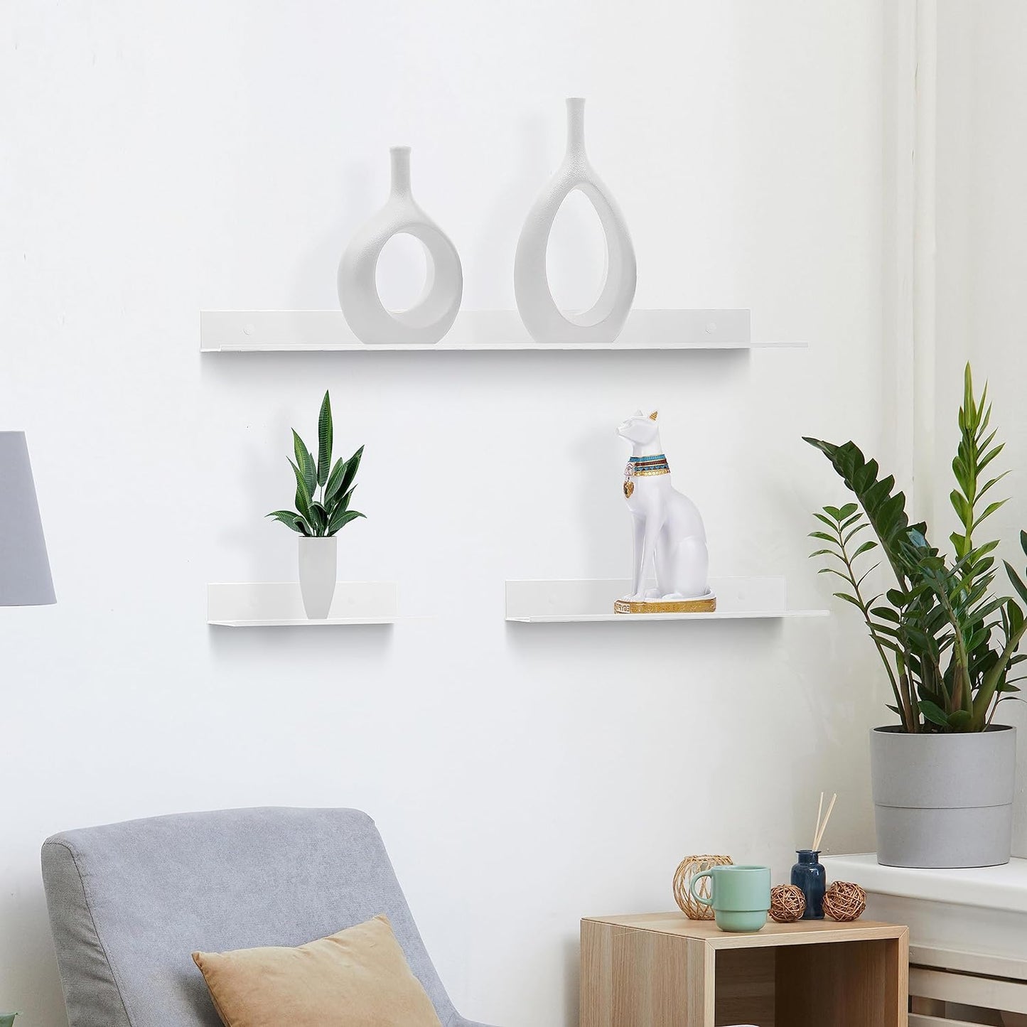 Metal Floating Wall Shelves, pack 2, Lounge, Kitchen, Aluminum, Wall Mounted, White,15,30,60cm length-Distinct Designs (London) Ltd
