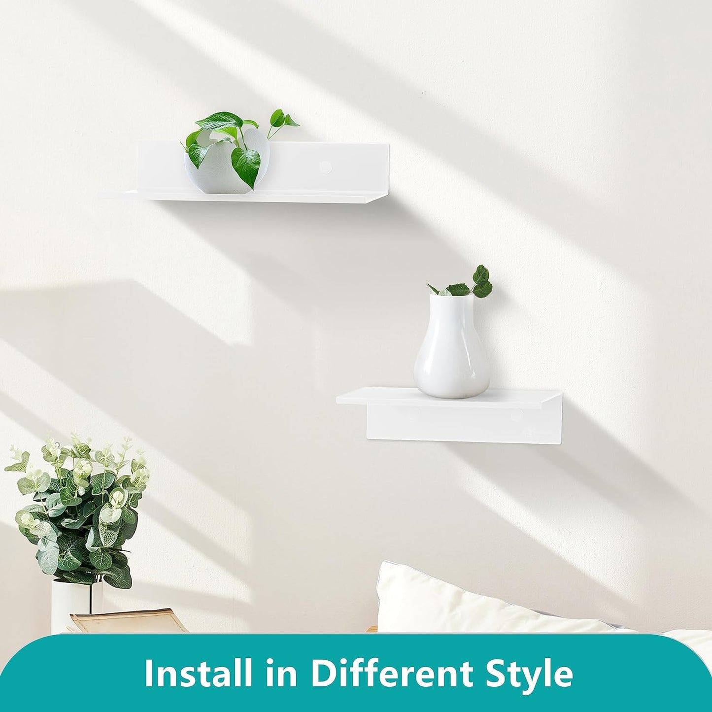 Metal Floating Wall Shelves, pack 2, Lounge, Kitchen, Aluminum, Wall Mounted, White,15,30,60cm length-Distinct Designs (London) Ltd