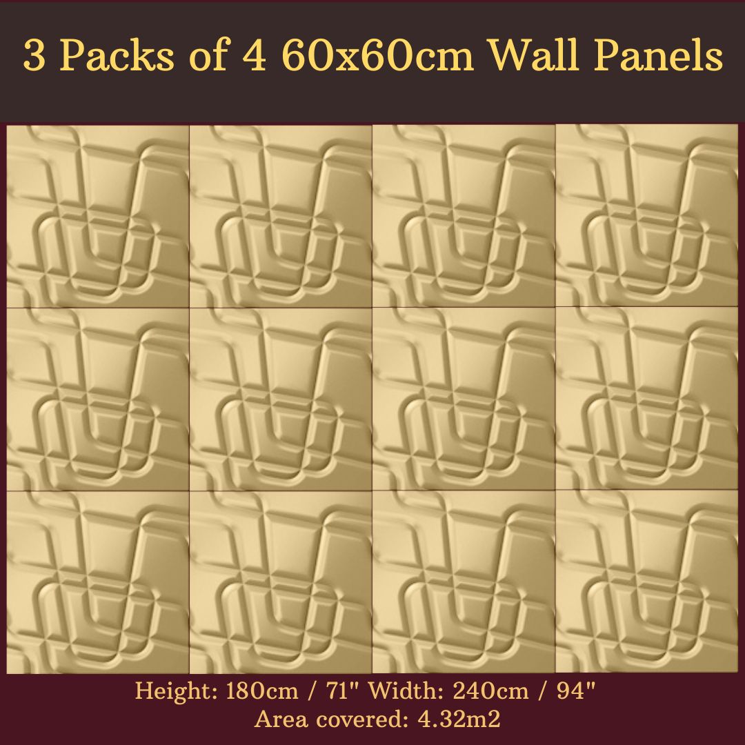 Decorative 3D Textured Feature Wall Panels in Gold Finish with Contemporary Intriguing MAZE Design-Gold-3 Pks 4 x 60x60cm-Distinct Designs (London) Ltd