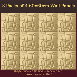 Decorative 3D Textured Feature Wall Panels in Gold Finish with Contemporary Intriguing MAZE Design-Gold-3 Pks 4 x 60x60cm-Distinct Designs (London) Ltd