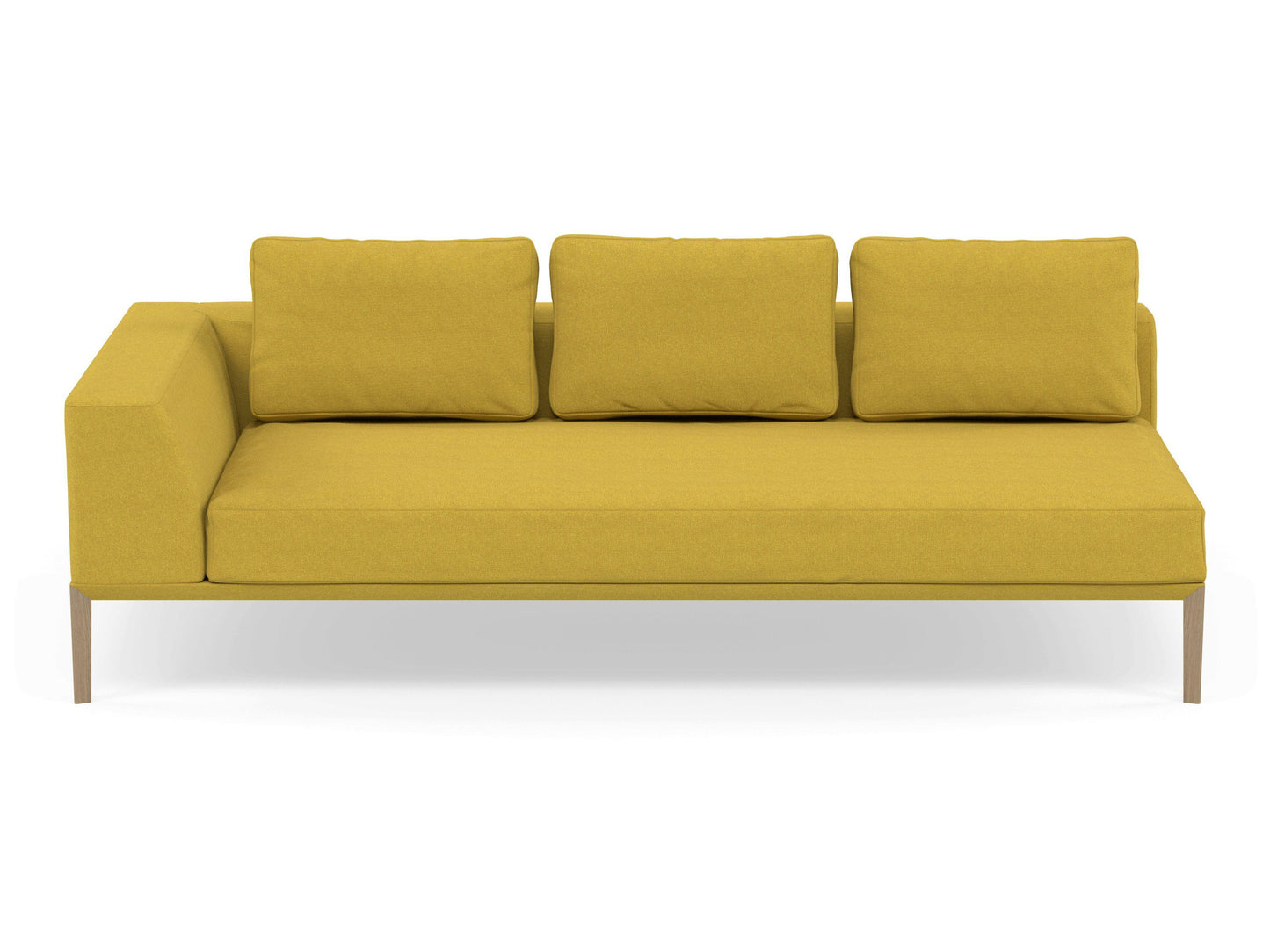 Modern 3 Seater Chaise Lounge Style Sofa with Right Armrest in Vibrant Mustard Fabric-Natural Oak-Distinct Designs (London) Ltd