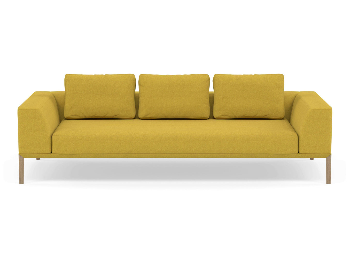 Modern 3 Seater Sofa with 2 Armrests in Vibrant Mustard Fabric-Natural Oak-Distinct Designs (London) Ltd