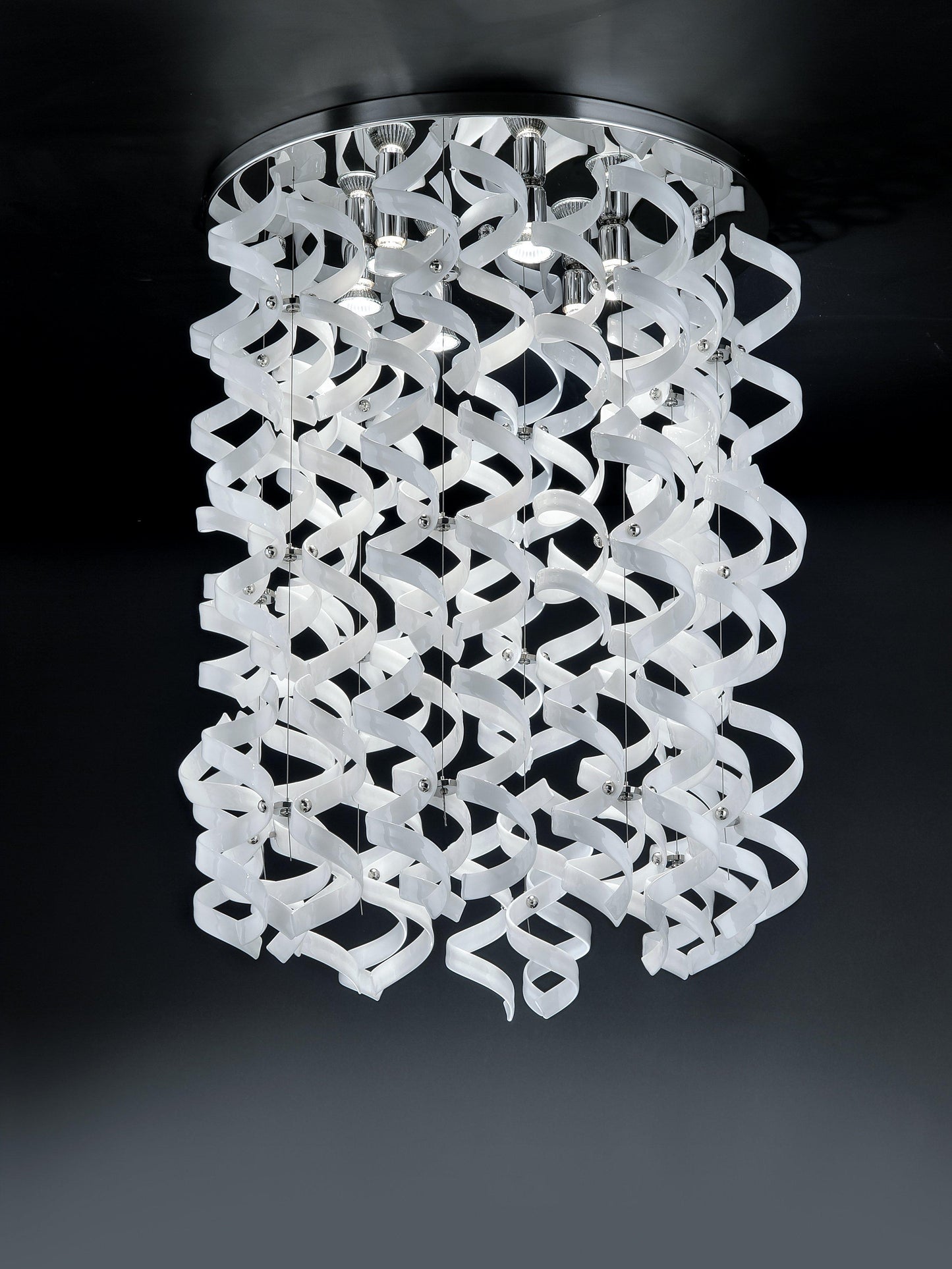 Abstract Glass Ribbon Ceiling Pendant Light 70cm Long 50cm diameter Cylinder with 4 top lamps-Chrome-White-Distinct Designs (London) Ltd