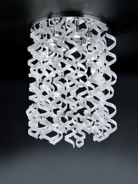 Abstract Glass Ribbon Ceiling Pendant Light 70cm Long 50cm diameter Cylinder with 4 top lamps-Chrome-White-Distinct Designs (London) Ltd