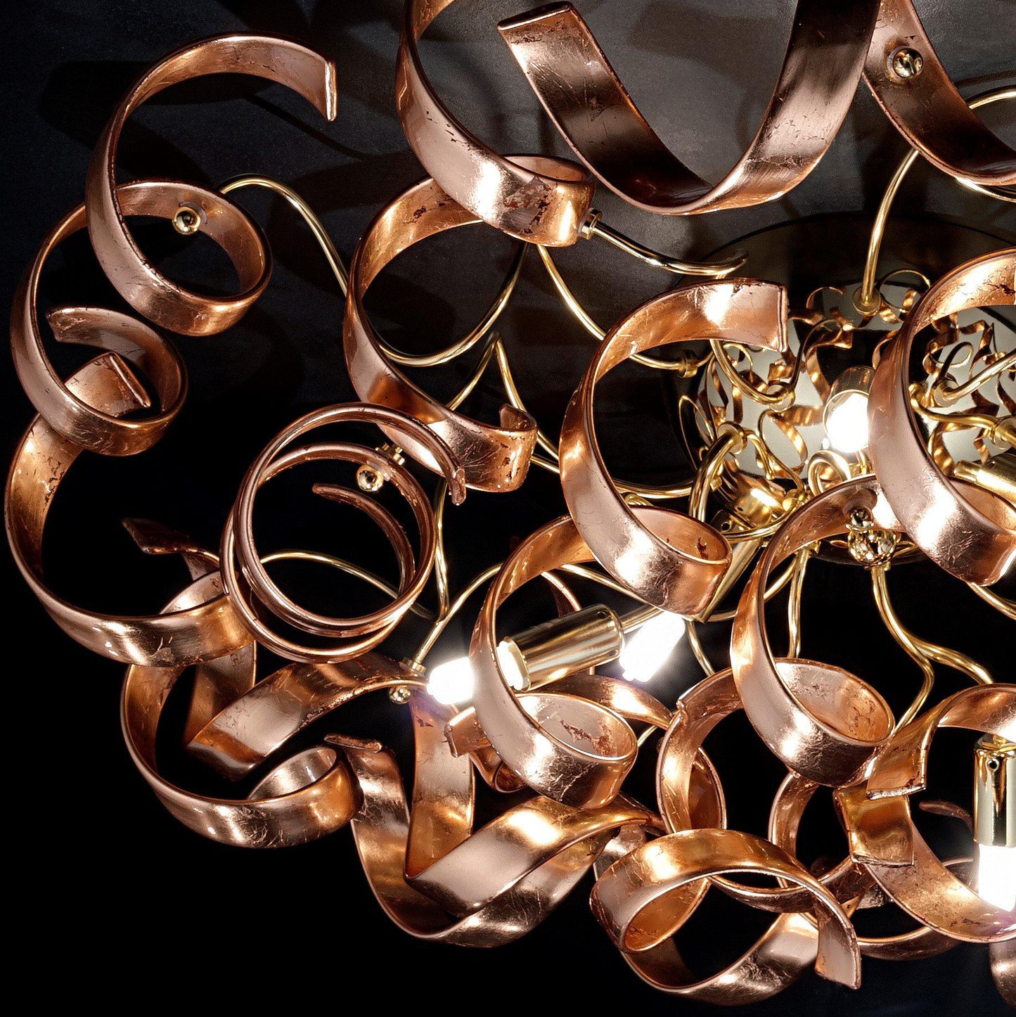 Abstract Glass Ribbon Ceiling Pendant TWO Circular Globes 70cm diameter 2 x 6 centre cluster Lamps-Chrome-Copper-Distinct Designs (London) Ltd