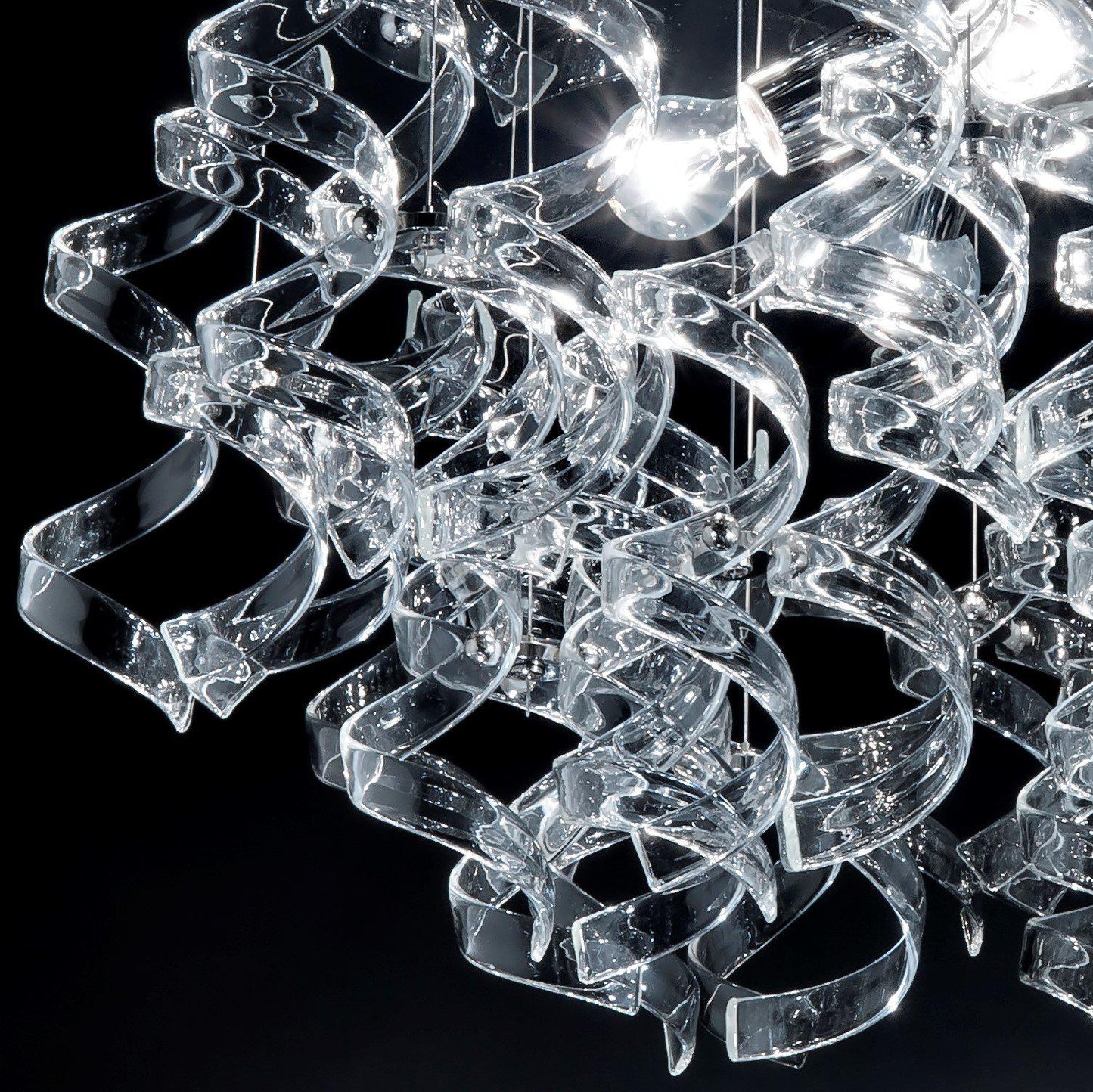 Abstract Glass Ribbon Ceiling Light Pendant 200cm Long Cylinder Cluster 50cm diameter 4 top lamps-Chrome-Clear-Distinct Designs (London) Ltd