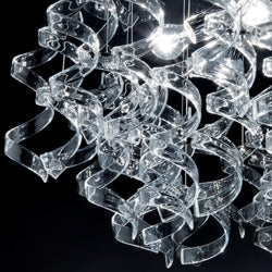 Abstract Glass Ribbon Ceiling Light Pendant 200cm Long Cylinder Cluster 50cm diameter 4 top lamps-Chrome-Clear-Distinct Designs (London) Ltd