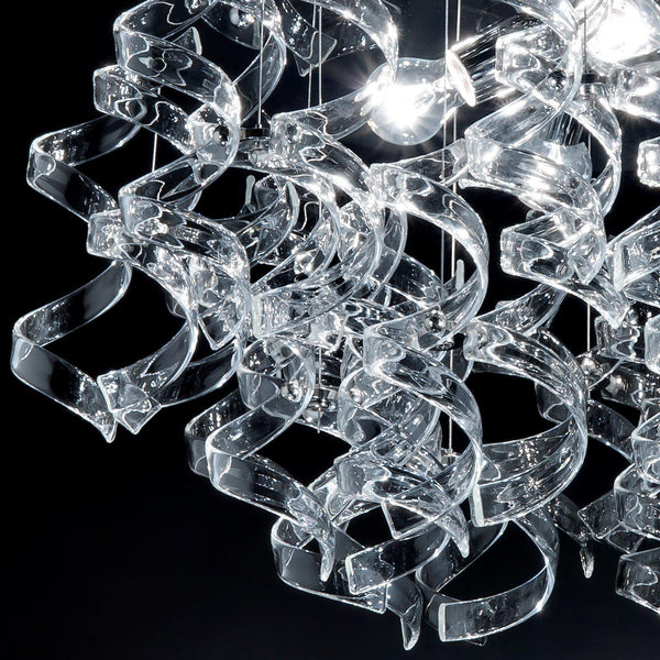 Abstract Glass Ribbon Ceiling Light Pendant 200cm Long Cylinder Cluster 50cm diameter 4 top lamps-Chrome-Clear-Distinct Designs (London) Ltd