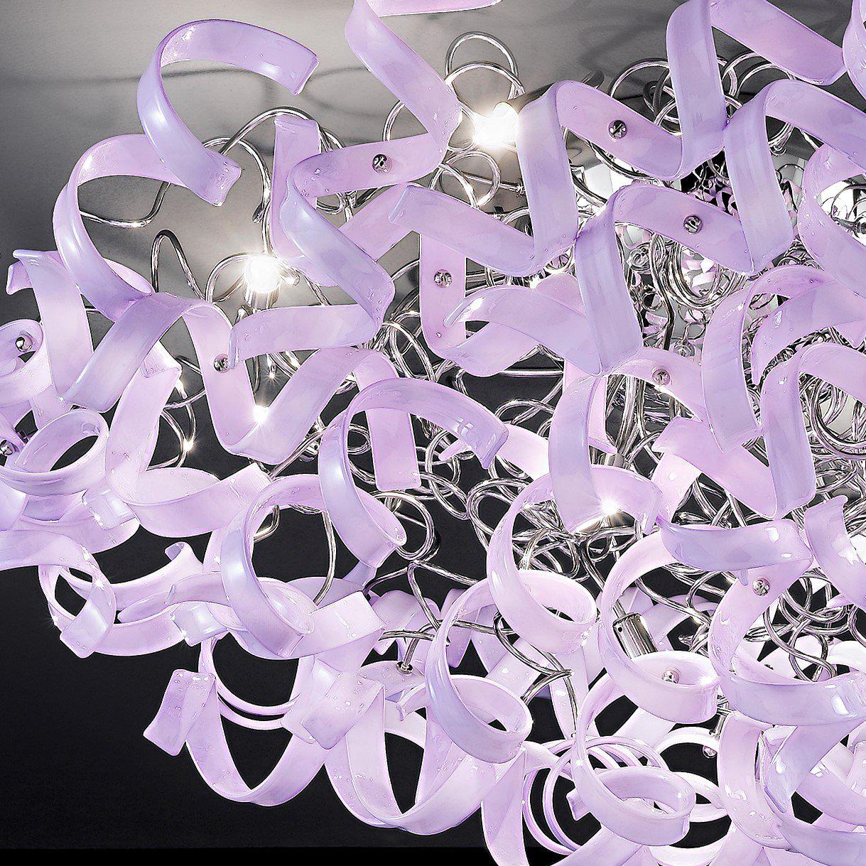 Abstract Glass Ribbon Ceiling Light Pendant 200cm Long Cylinder Cluster 50cm diameter 4 top lamps-Chrome-Lilac-Distinct Designs (London) Ltd