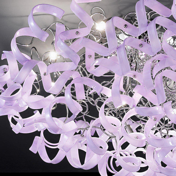 Abstract Glass Ribbon Ceiling Light Pendant 200cm Long Cylinder Cluster 50cm diameter 4 top lamps-Chrome-Lilac-Distinct Designs (London) Ltd