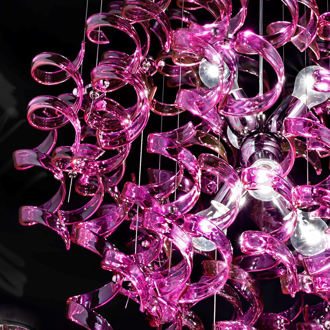 Abstract Glass Ribbon Ceiling Pendant TWO Circular Globes 70cm diameter 2 x 6 centre cluster Lamps-Chrome-Magenta-Distinct Designs (London) Ltd