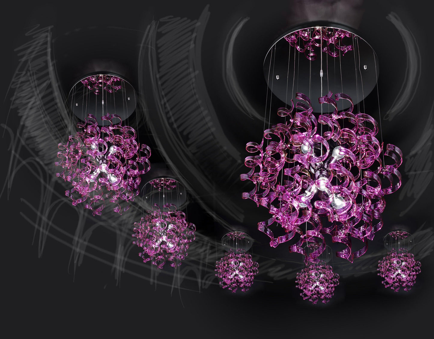 Abstract Glass Ribbons Ceiling Pendant Light 70cm diameter Circular Globe shape with 6 centre Lamps-Chrome-Magenta-Distinct Designs (London) Ltd