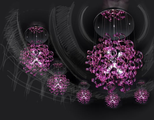 Abstract Glass Ribbons Ceiling Pendant Light 70cm diameter Circular Globe shape with 6 centre Lamps-Chrome-Magenta-Distinct Designs (London) Ltd