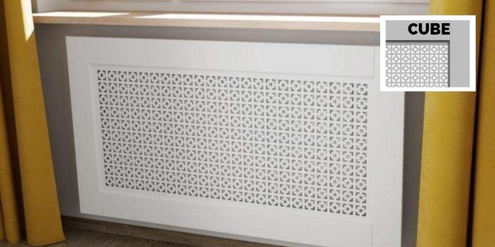 Elegant White Radiator Heater Covers with Classic CUBE decorative grille screening panel design-70x90cm-Distinct Designs (London) Ltd