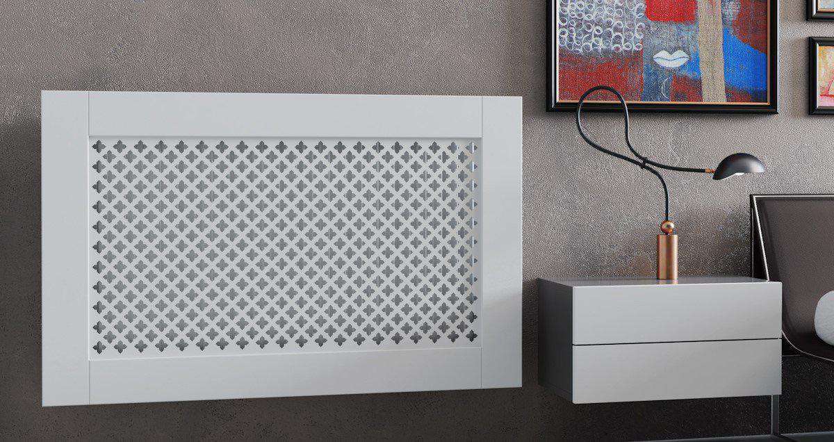 White Framed Clip on Radiator Heater Covers with Classic GEM decorative grille screening panel motif-Distinct Designs (London) Ltd