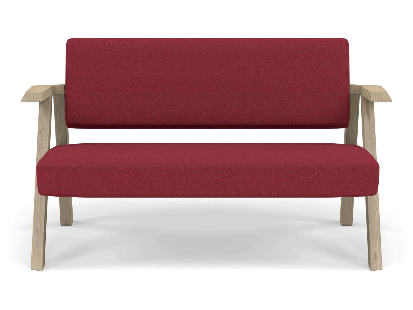 Classic Mid-century Design 2 Seater Sofa Armchair in Rasberry Red Fabric-Natural Oak-Distinct Designs (London) Ltd