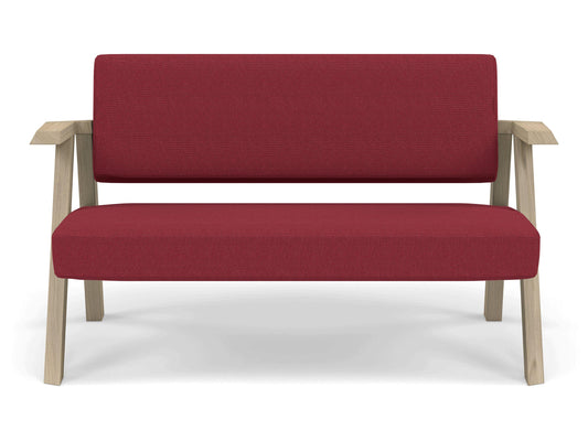 Classic Mid-century Design 2 Seater Sofa Armchair in Rasberry Red Fabric-Natural Oak-Distinct Designs (London) Ltd