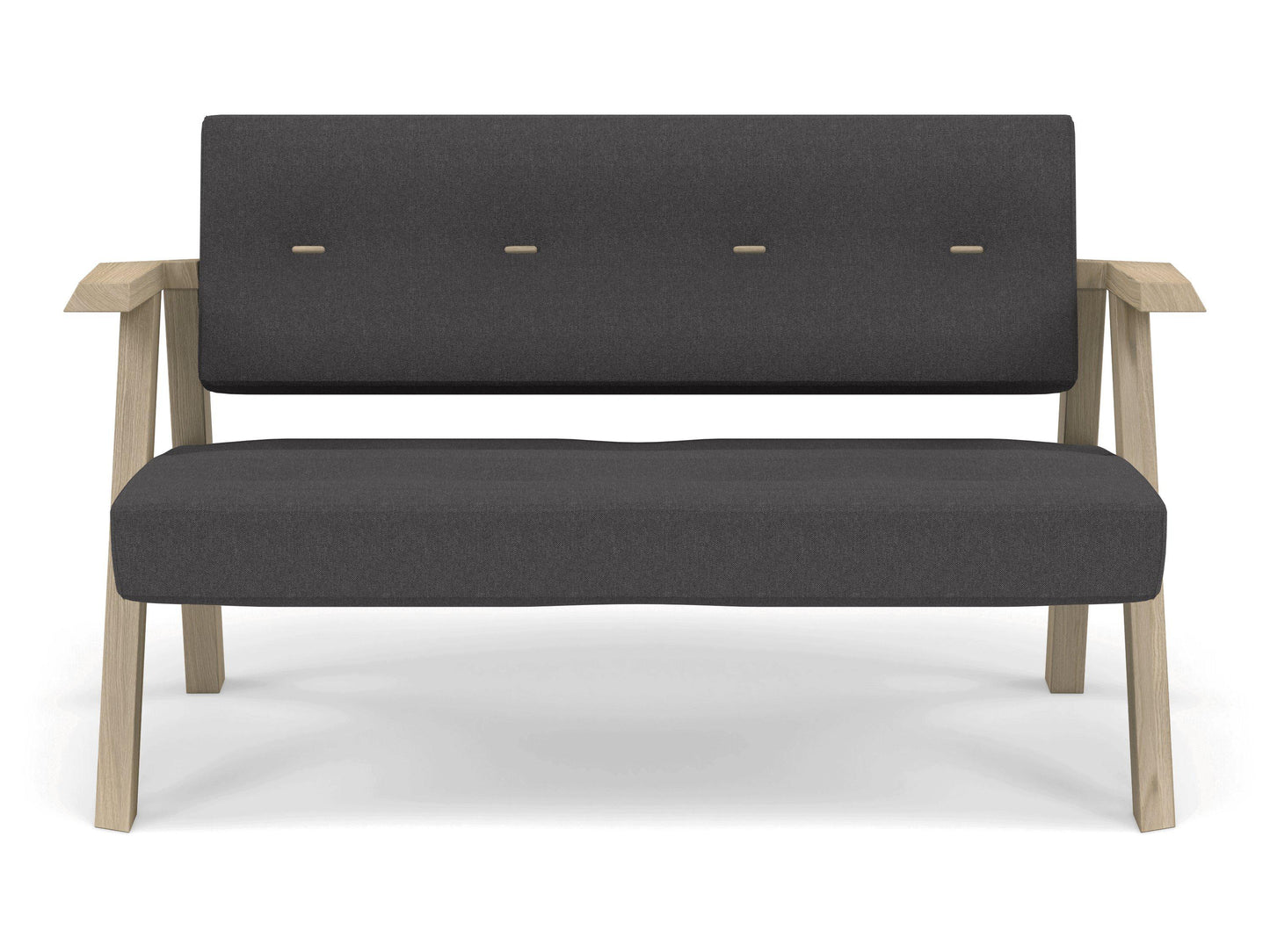 Classic Mid-century Design 2 Seater Sofa Armchair with Buttons in Slate Grey Fabric-Natural Oak-Distinct Designs (London) Ltd