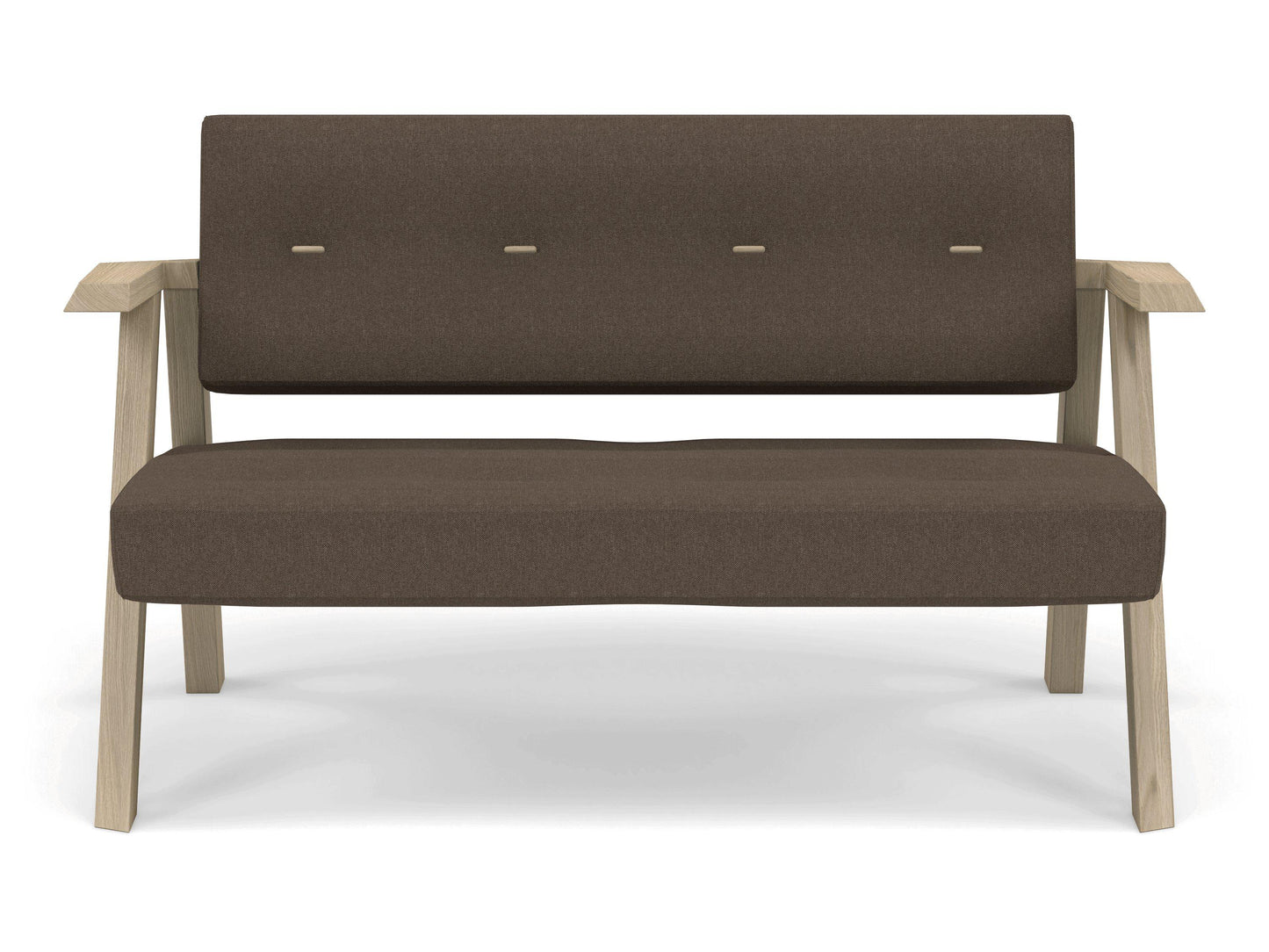 Classic Mid-century Design 2 Seater Sofa Armchair with Buttons in Coffee Brown Fabric-Natural Oak-Distinct Designs (London) Ltd