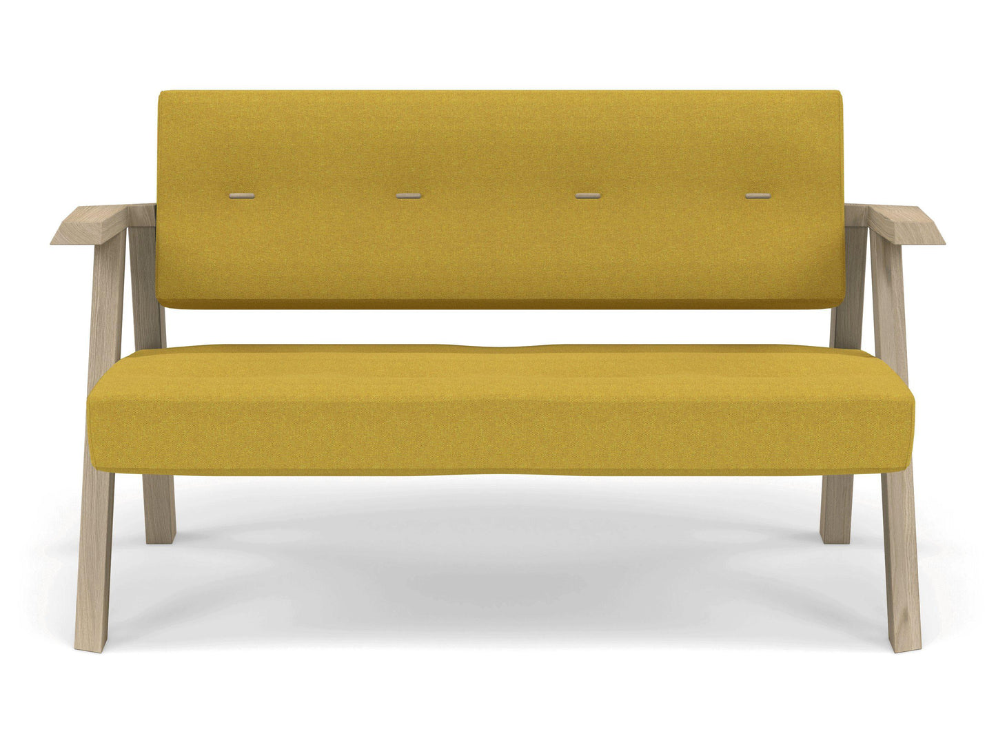 Classic Mid-century Design 2 Seater Sofa Armchair with Buttons in Mustard Yellow Fabric-Natural Oak-Distinct Designs (London) Ltd