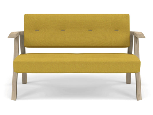 Classic Mid-century Design 2 Seater Sofa Armchair with Buttons in Mustard Yellow Fabric-Natural Oak-Distinct Designs (London) Ltd
