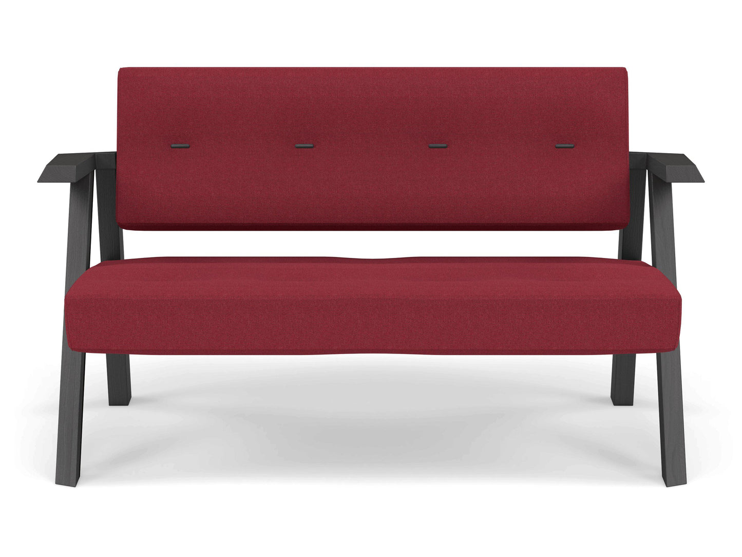 Classic Mid-century Design 2 Seater Sofa Armchair with Buttons in Rasberry Red Fabric-Wenge Oak-Distinct Designs (London) Ltd